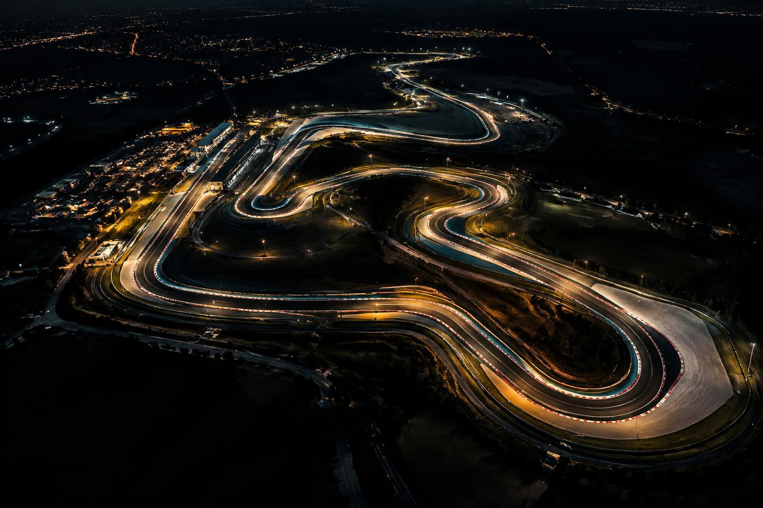 Aerial night view of a winding illuminated race circuit