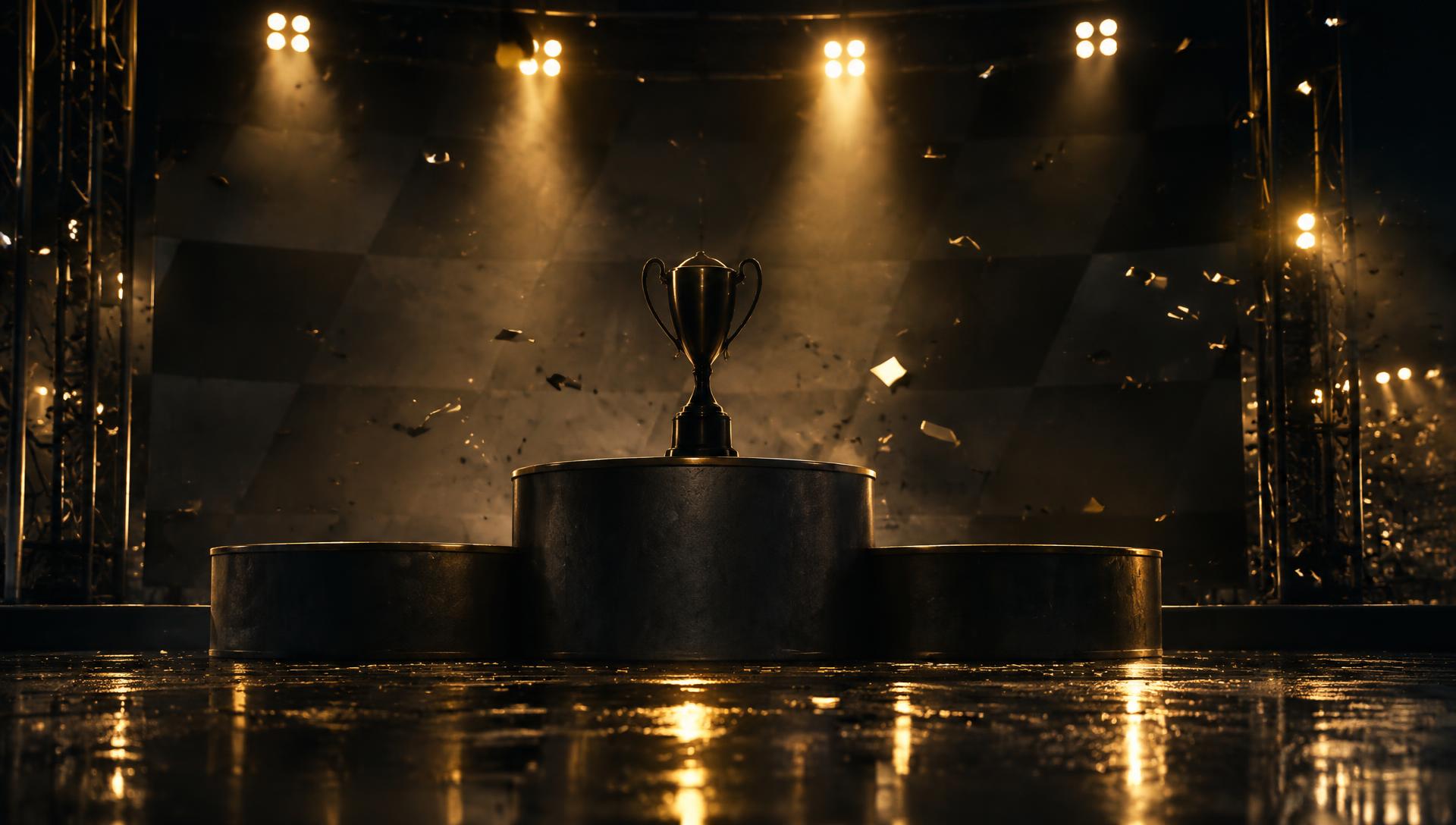 Empty motorsport podium under dramatic spotlights with confetti in the air